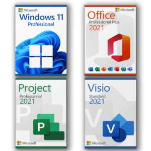 Microsoft Visio 2021 Standard, Microsoft Project 2021 Professional, Microsoft Office 2021 Professional Plus, Microsoft Windows 11 Professional Licencia para 3 PC